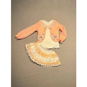 1-2-3 Yaş Brode Etekli Örme Hırkalı Uzun Kollu Sweat 3lü Kız Çocuk Takımı Somon