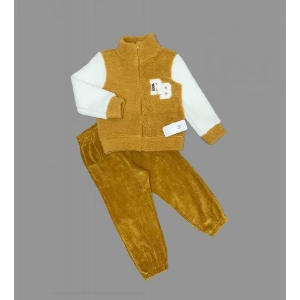1-2-3 Yaş Kuzu Kumaş Fermuarlı Sweat Kadife Pantolonlu Uzun Kollu Kız Erkek Çocuk 2li Takım Hardal