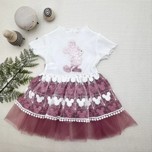 1-2-3 Yaş Payetli  Baskılı Brode Etekli Kız Bebek Elbisesi Rose