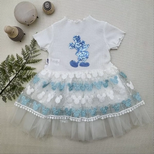 1-2-3 Yaş Payetli  Baskılı Brode Etekli Kız Bebek Elbisesi Turkuaz