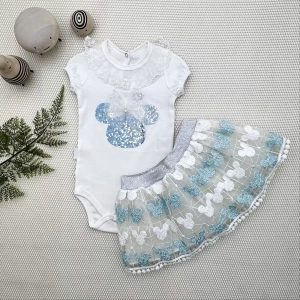 1-2-3 Yaş Payetli  Nakışlı Kısa Kollu Brode Etekli 2li Kız Bebek Takımı Turkuaz