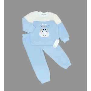 1-2-3 Yaş Ponponlu Zürafa Desenli Kuzu Kumaş Uzun Kollu 2li Kız Erkek Çocuk Takımı Mavi