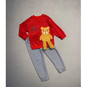 2-3-4 Yaş Ayıcık Sallanan Ayak Desenli Likra Penye Kumaş Sweat Pantolonlu Kız Erkek 2li Çocuk Takımı Kırmızı