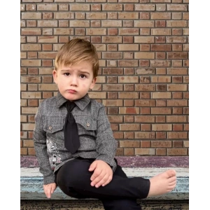 3-4-5 Yaş Kravatlı Keten Gömlek Gabardin Pantolon Uzun Kollu 3lü Erkek Çocuk Takımı Siyah