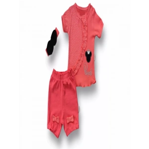 3-6 6-9 9-12 12-18 Ay Princess Taçlı  Nakışlı Şort Tişört 3lü Kız Bebek Takımı Nar Çiçeği