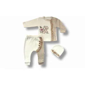 3-6 6-9 9-12 Ay Minik Sincap Nakışlı Şapkalı Uzun Kollu Sweatli 3lü Kız Bebek Takımı Kahverengi