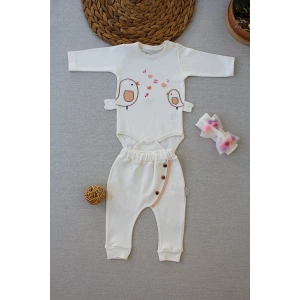 3-6 6-9 9-12 Ay Şarkıcı Kuşlar Nakışlı Bandanalı Uzun Kollu Zıbınlı 3lü Kız Bebek Takımı Ekru