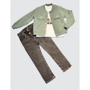 4-5-6 Yaş Kot Pantolonlu Nubukceketli Uzun Kollu Penye Sweat 3lü Erkek Çocuk Takımı Yeşil