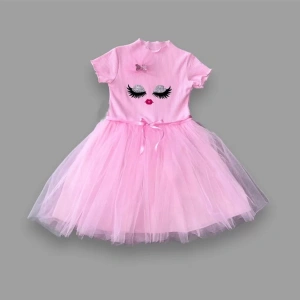 5-6-7 Yaş Payetli Süslü Yüz Baskılı Kız Çocuk Elbisesi Pembe
