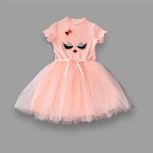 5-6-7 Yaş Payetli Süslü Yüz Baskılı Kız Çocuk Elbisesi Pudra