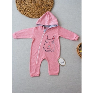 6-9 9-12 Ay Ef Çizgi Boy Fermuarlı Tavşan Nakışlı Kapşonlu Kız Erkek Bebek Tulumu Pembe