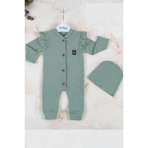 Boydan Düğmeli Şapkalı % 100 Pamuk Kız Bebek Tulumu