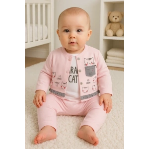 Kedi Desenli 3lü Hırkalı Kız Bebek Takım