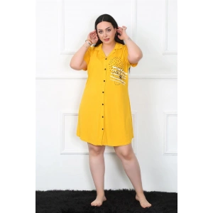Moda Büyük Beden Penye Düğmeli Sarı Tunik Gecelik