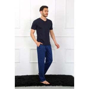 Moda Erkek Penye 3lü Lacivert V Yaka Pijama Takımı