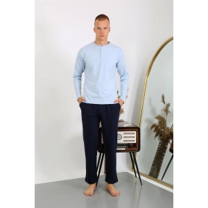 Moda Erkek Penye Uzun Kol Pijama Takımı Buz Mavisi