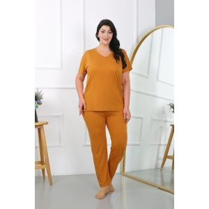 Moda Kadın Büyük Beden Kısa Kol Penye Pijama Takımı Hardal