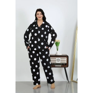 Moda Kadın Büyük Beden Pamuklu Cepli Düğmeli Siyah Pijama Takım
