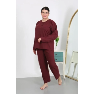 Moda Kadın Büyük Beden Uzun Kol Penye Pijama Takımı Bordo