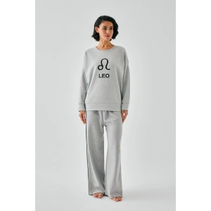 Moda Kadın Gri Aslan Burcu Oversize 2 İplik Eşofman Ev Giyim Takımı