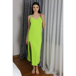 Moda Kadın İp Askılı Uzun Yırtmaçlı Pamuk Penye Gecelik Yeşil