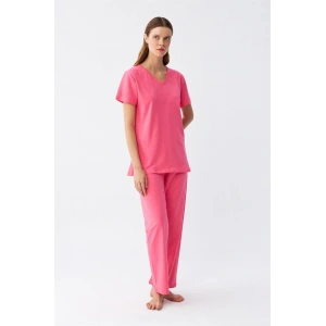 Moda Kadın Kısa Kol Pamuk Penye Pijama Takım Fuşya
