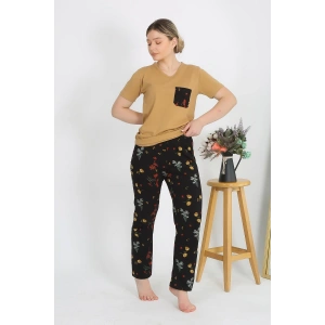 Moda Kadın Kısa Kol Pamuk Penye Pijama Takım Hardal