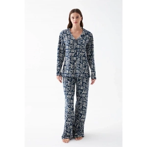 Moda Kadın Lacivert “Paris” Yazı Desenli Düğmeli Pamuklu Pijama Takımı