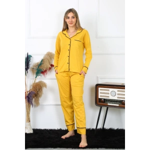 Moda Kadın Pamuk Penye Önden Düğmeli Uzun Kol Sarı Pijama Takım
