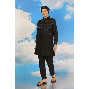 Moda Kadın Pantolonlu Desenli Tam Tesettür Mayo Siyah