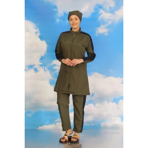 Moda Kadın Pantolonlu Kolu Şeritli Tam Tesettür Mayo Haki