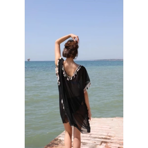Moda Kadın Püsküllü Tunik Pareo Plaj Elbisesi Siyah