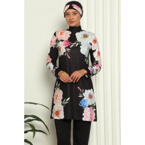 Moda Tam Tesettür Dijital Desenli Mayo Siyah