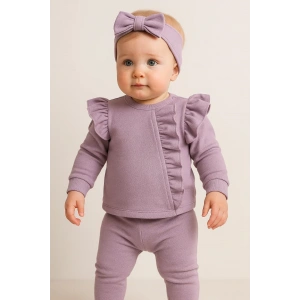 Orkide Büzgü Detaylı 3 Parça Kız Bebek Takımı %100 Pamuk