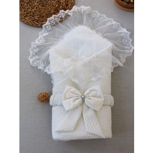 Yenidoğan Erguvan Kenar Fistolu Kundak Bebek Battaniyesi Ekru