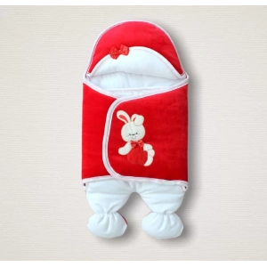 Yenidoğan Kadife Kumaş Ayıcık Nakışlı Şapkalı Kız Erkek Bebek Ayaklı Kundak Bebek Battaniyesi Kırmızı