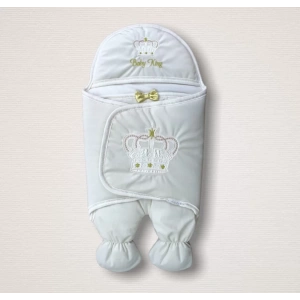 Yenidoğan King Baby Taç Nakışlı Ayaklı Erkek Bebek Kundak Ekru