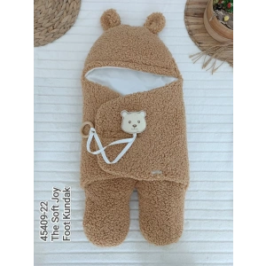 Yenidoğan Kulaklı Şapkalı Açılır Kucaklı Cırt Kapamalı Ayaklı Bebek Battaniyesi Kundak Kahverengi