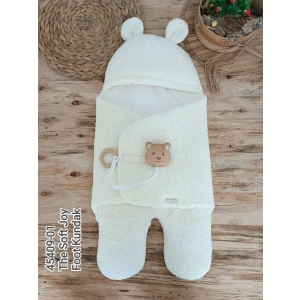 Yenidoğan Kulaklı Şapkalı Açılır Kucaklı Cırt Kapamalı Ayaklı Bebek Battaniyesi Kundak Krem