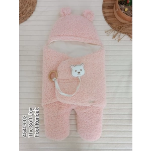 Yenidoğan Kulaklı Şapkalı Açılır Kucaklı Cırt Kapamalı Ayaklı Bebek Battaniyesi Kundak Pembe