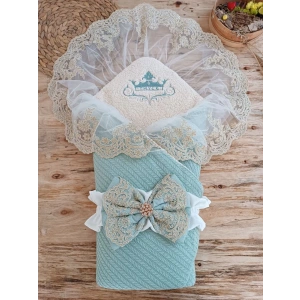 Yenidoğan Kuzulu Taç Nakış Güpürlü Fiyonklu Duvaklı Prizma Taş Unisex Kundak Bebek Battaniyesi Su Yeşili