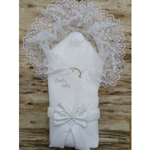 Yenidoğan Sahra Taç Lucky Baby Nakışlı Kumru Kundak Bebek Battaniyesi Ekru