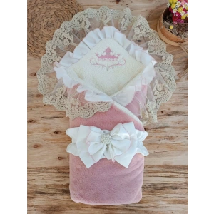 Yenidoğan Wool Yün Kumaş Taç Nakışlı Güpür Duvaklı Fiyonk Prizma Taş Unisex Kundak Bebek Battaniyesi Pembe