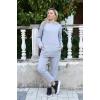 Moda Kadın Pamuk Kapşonlu Cepli 3 İplik Gri Eşofman Takım