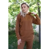 Moda Kadın Pamuk Kapşonlu Cepli 3 İplik Kahve Eşofman Takım