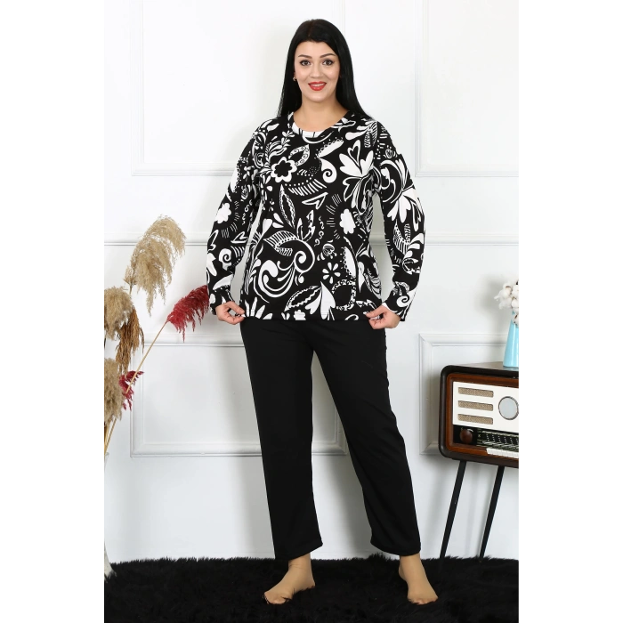 Moda Kadın Büyük Beden Penye Uzun Kol Pijama Takım