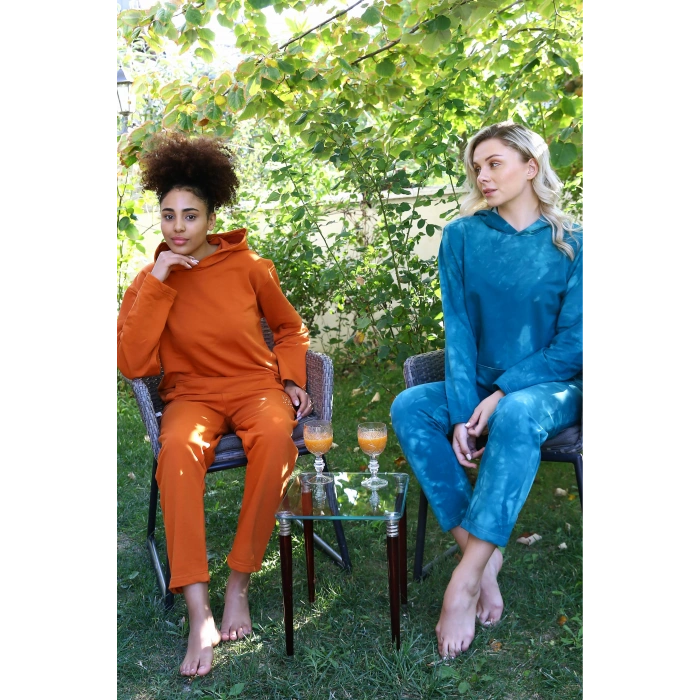 Moda Kadın Pamuk Kapşonlu Cepli 3 İplik Kiremit Eşofman Takım