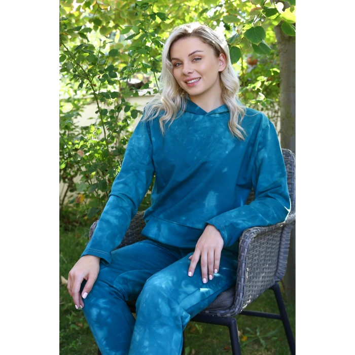 Moda Kadın Pamuk Kapşonlu Cepli 3 İplik Turkuaz Eşofman Takım