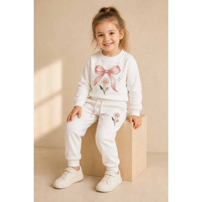 Kız Çocuk Ekru Fiyonk ve Papatya Baskılı 2 İplik Sweatshirt Eşofman Takımı