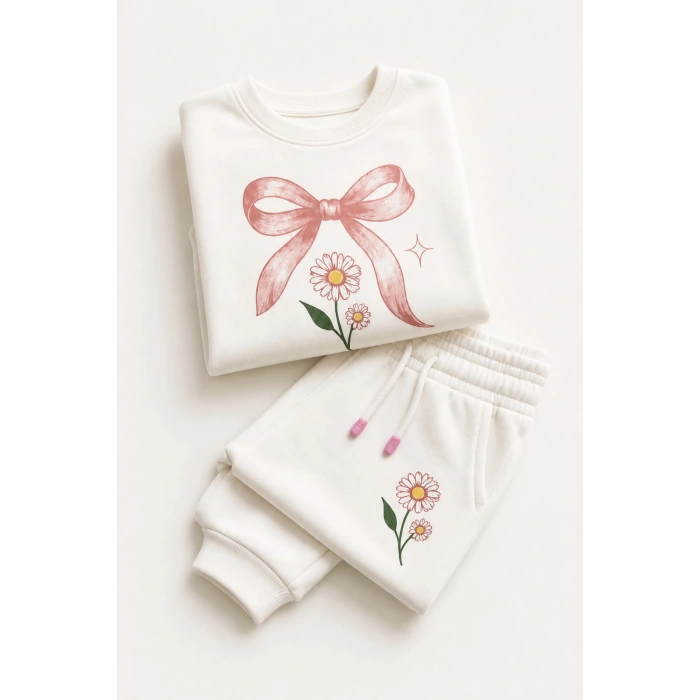 Kız Çocuk Ekru Fiyonk ve Papatya Baskılı 2 İplik Sweatshirt Eşofman Takımı